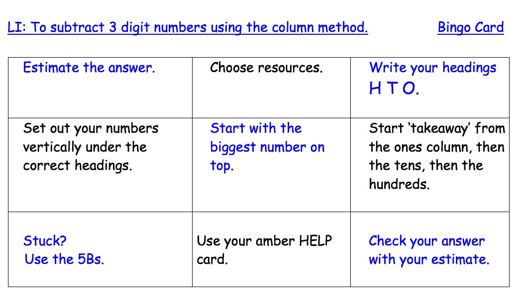 Success Criteria Subtraction Bingo